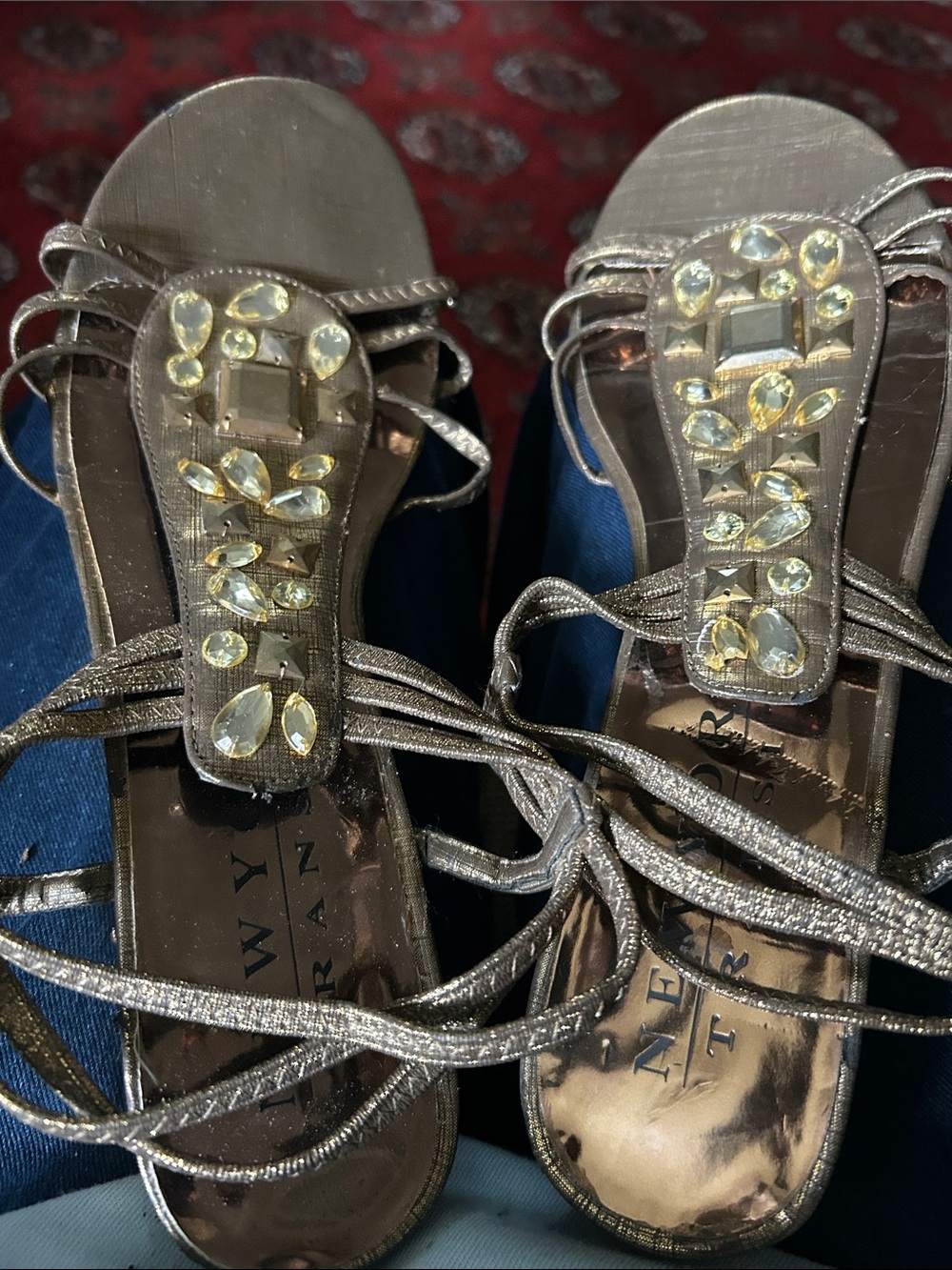New York Transit Metallic Silver Jeweled Strappy Sandals